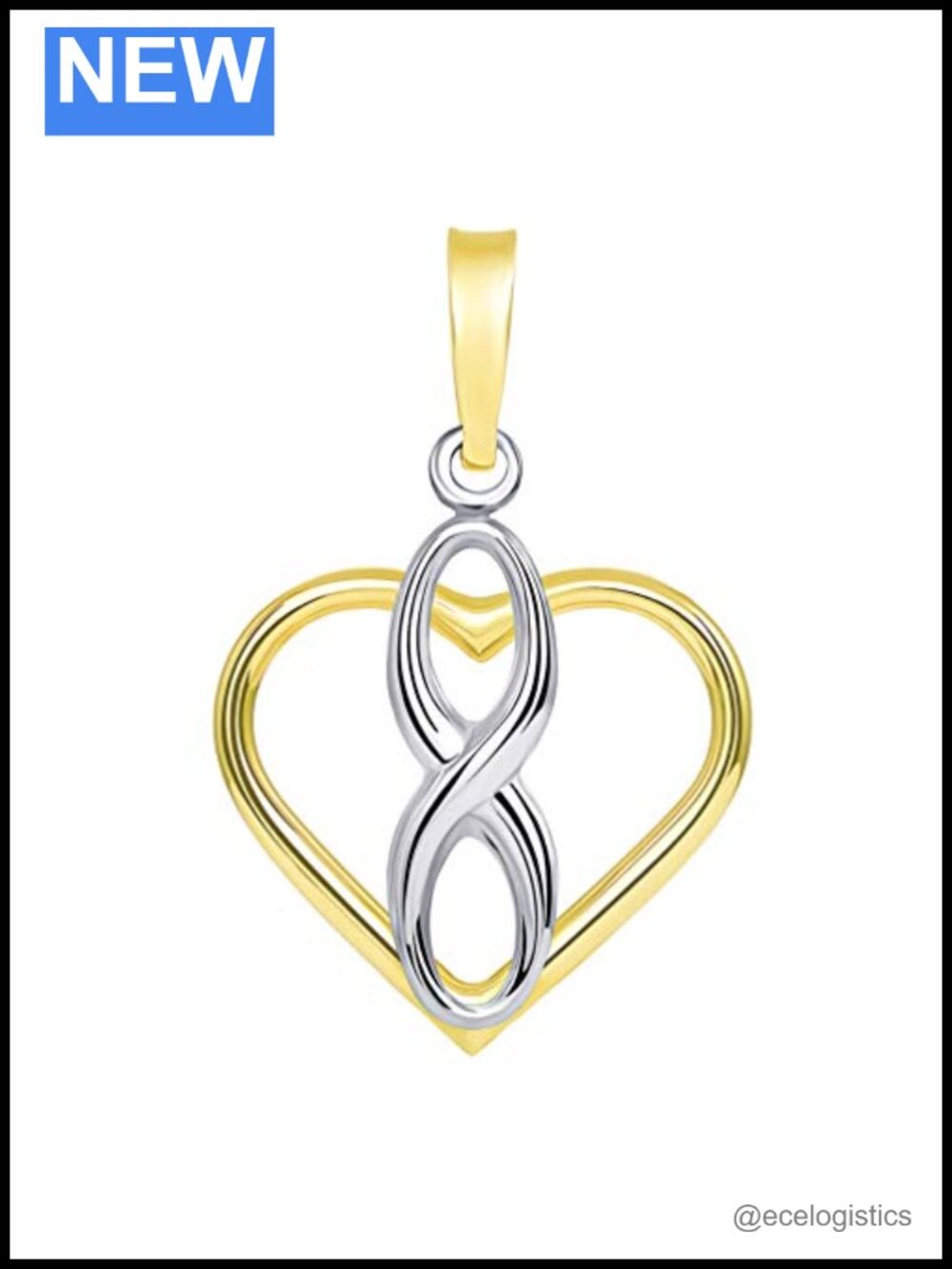 14k Two Tone Gold Vertical Infinity Sign in Open Heart Pendant